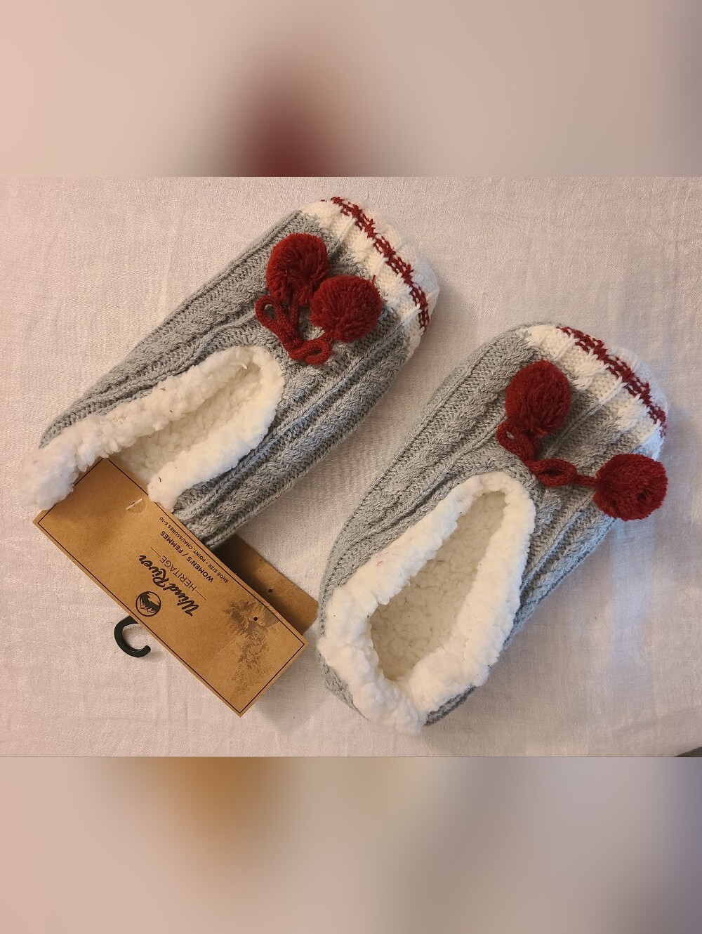 NWOT, Cozy Grey Sherpa-Lined Slipper Socks with Red Pom Poms